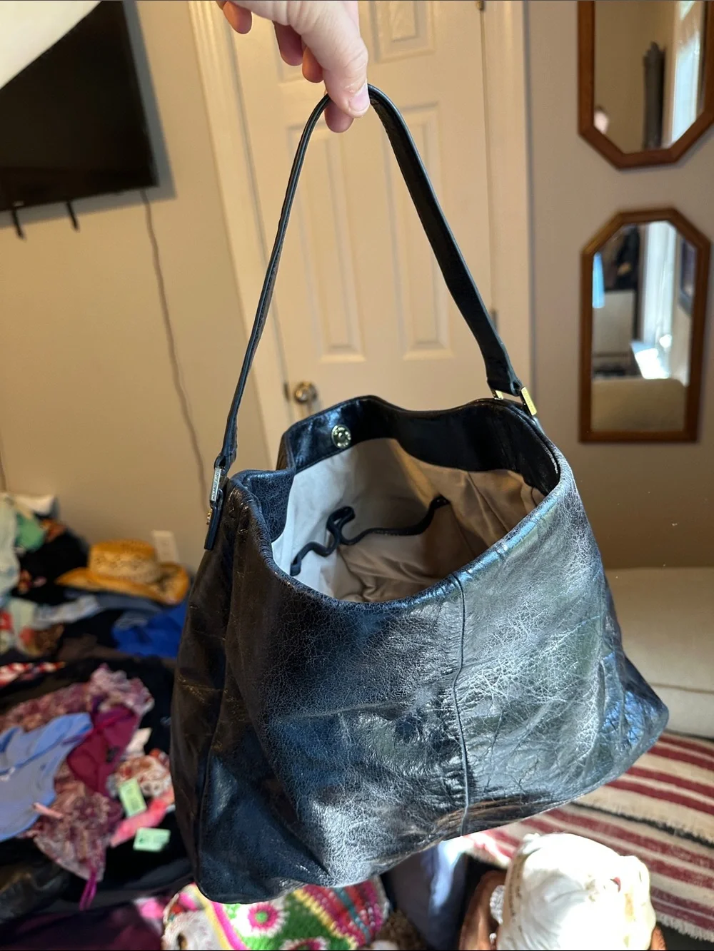 Tory Burch Shiny Black Leather Shoulder Hobo with Logo Medallion